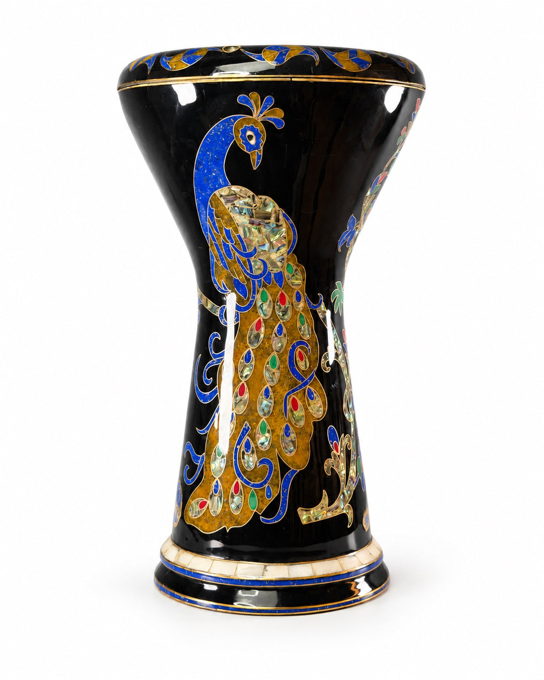 Sala Midnight Peacock Sombaty darbuka standing upright, showing a blue-and-gold peacock with colorful tail details on a dark finish.