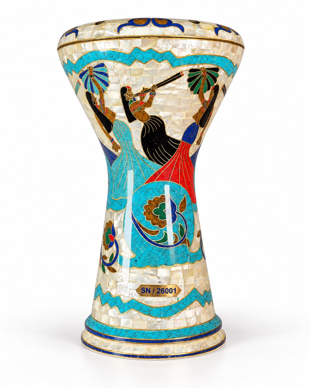 Sala Nile Muse Sombaty darbuka standing upright, showing Egyptian-inspired figures, turquoise borders and colorful floral scrolls.