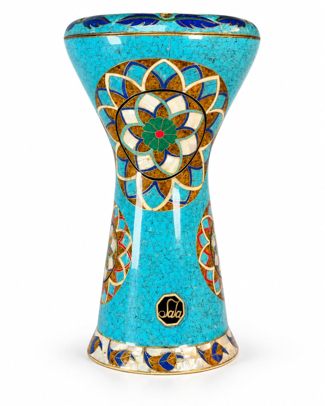 Sala Turquoise Lotus Sombaty darbuka standing upright, showing turquoise-colored mosaic and layered floral medallions.